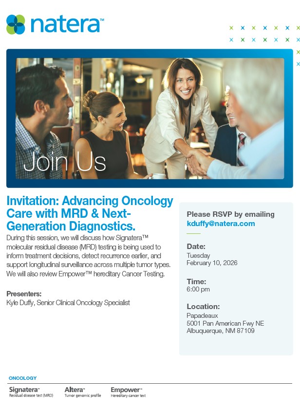 During this session, we will discuss how Signatera™ molecular residual disease (MRD) testing is being used to inform treatment decisions, detect recurrence earlier, and support longitudinal surveillance across multiple tumor types. We will also review Empower™ hereditary Cancer Testing.